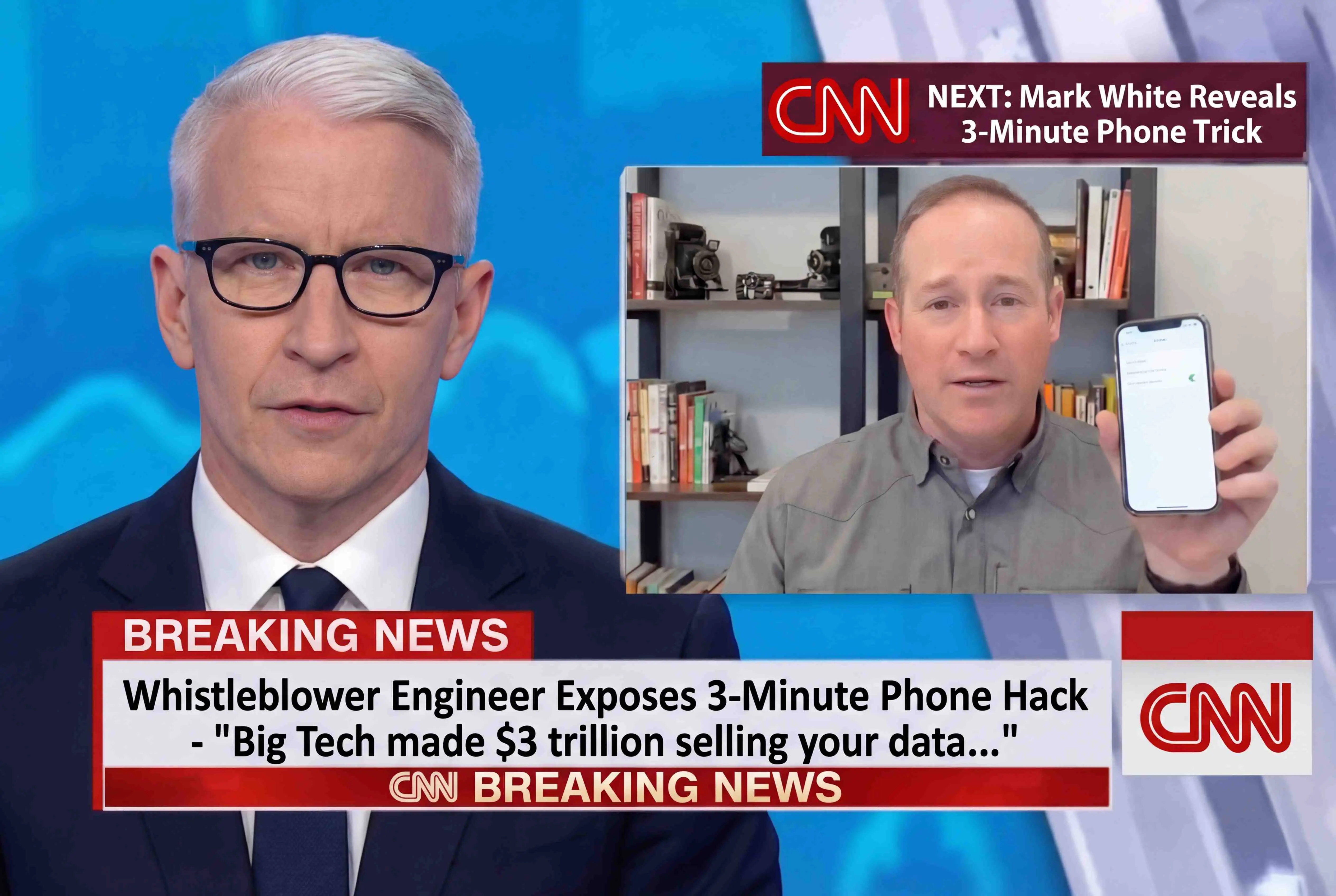 CNN Breaking News broadcast showing whistleblower engineer exposing the 3-minute phone hack, with headline about Big Tech paying users